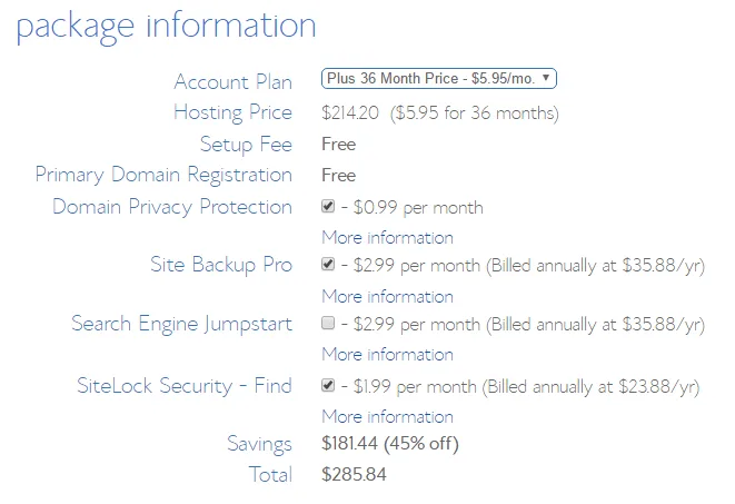 Bluehost package information