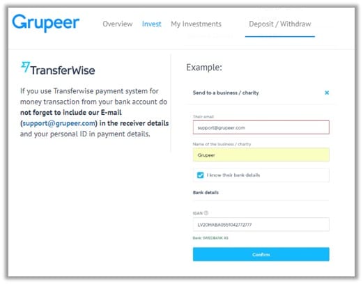 Grupeer, Transferwise, deposit example