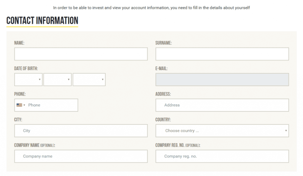 Part 2/3 of the Crowdestor signup process. Investors must fill in account details including date of birth, address and country.