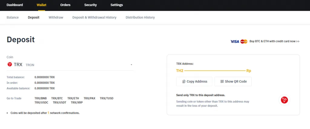 Depositing TRX tokens from Tron Wallet to Binance