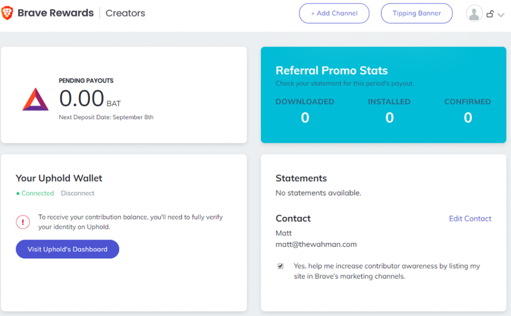 An example of the brave rewards creator dashboard. Content creators can see their referrals and their rewarded BAT tokens.