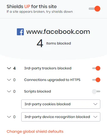 An example of visiting a webpage with the Brave shield active.