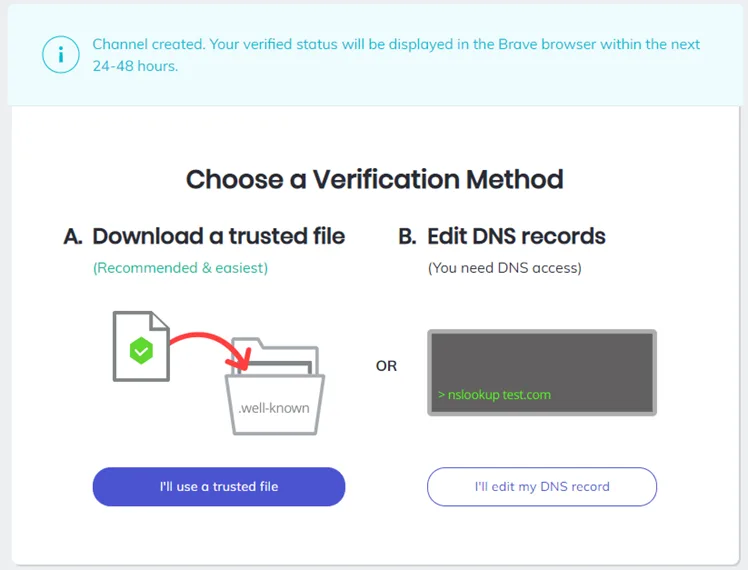 Verification of website for brave browser