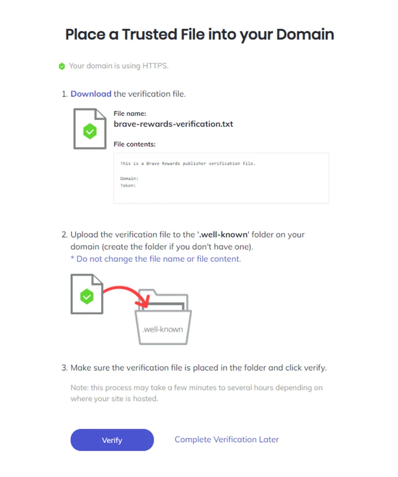 Placing a trusted file in your domain for the brave browser to recognize your website