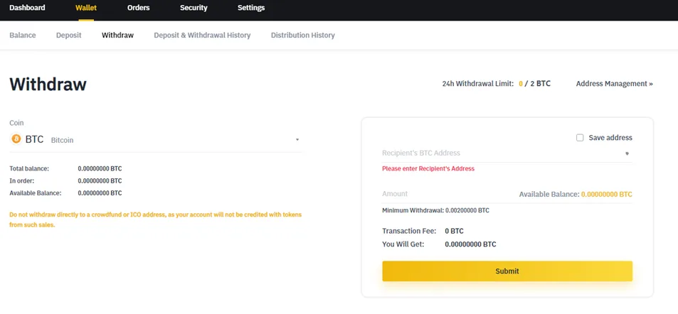 Withdrawing Bitcoin (BTC) from the Binance platform.