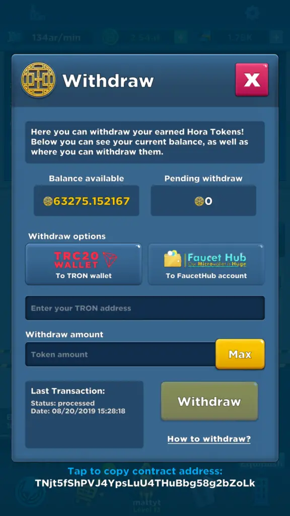 Withdrawing HORA tokens from Crypto Idle Miner