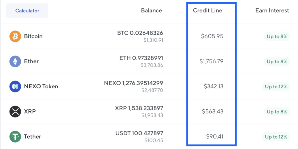 Nexo wallet showing credit line based of LTV