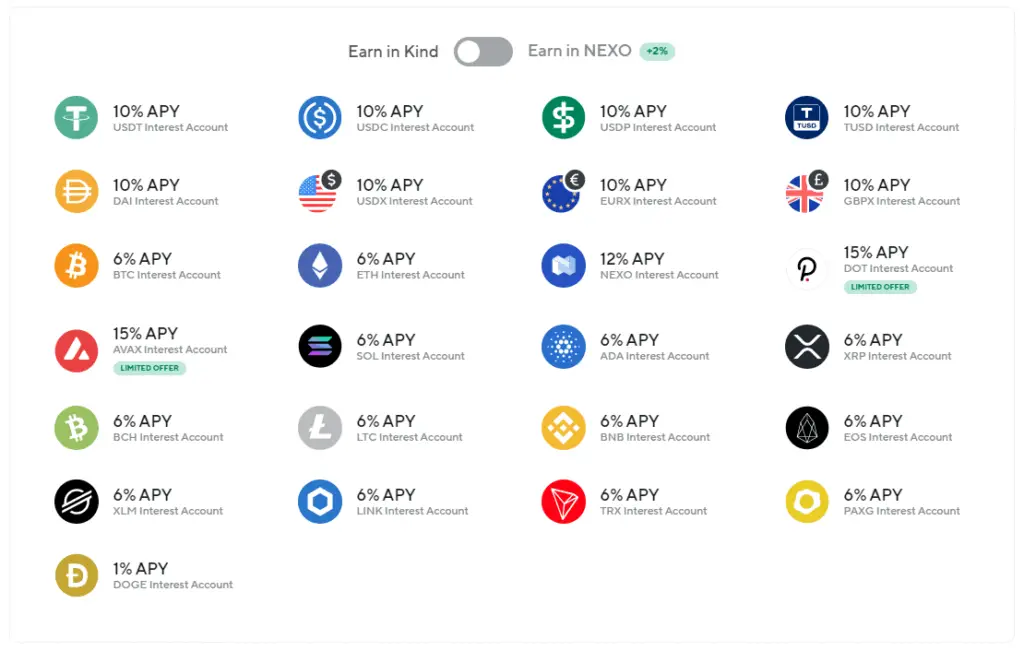 Nexo Earnings Currencies and Asset Variety