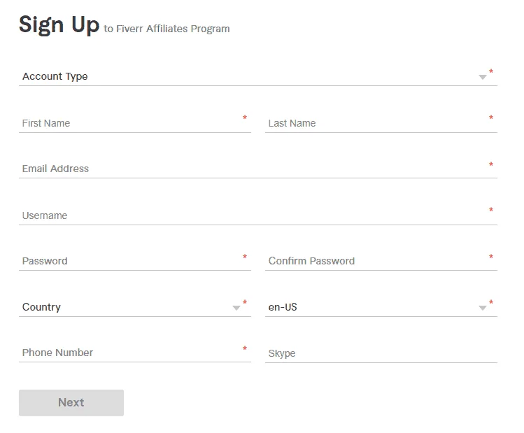 Signing up as a fiverr affiliate