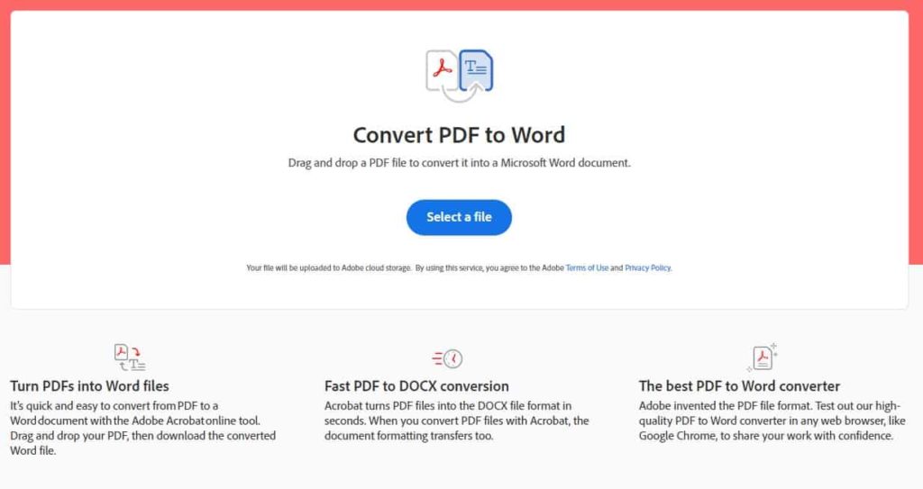 Adobe - Drag and drop a PDF file to convert it into a Microsoft Word document.