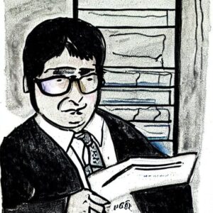 Pen drawing of accountant looking at papers